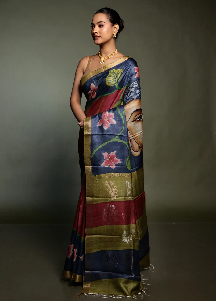 Purple Handloom Tussar Pure Silk Saree With Blouse Piece - Image 4