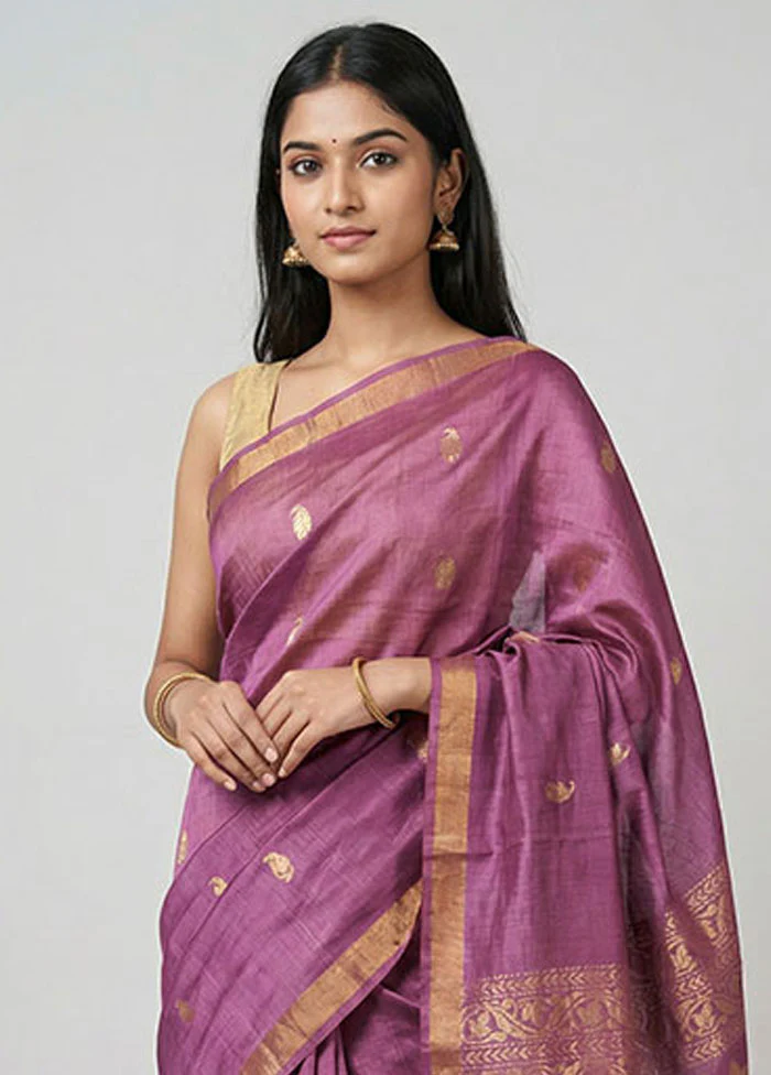 Purple Handloom Tussar Pure Silk Saree With Blouse Piece - Image 2