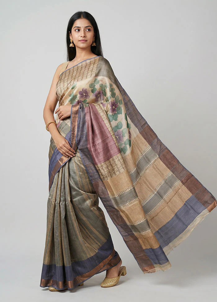 Purple Handloom Tussar Pure Silk Saree With Blouse Piece