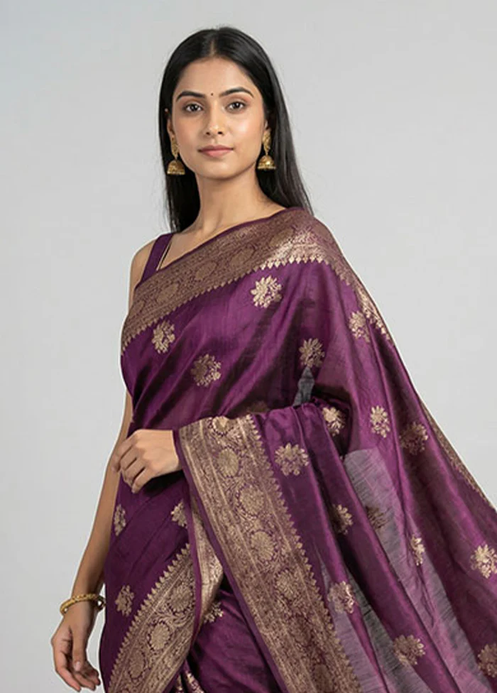 Purple Handloom Tussar Pure Silk Saree With Blouse Piece - Image 2