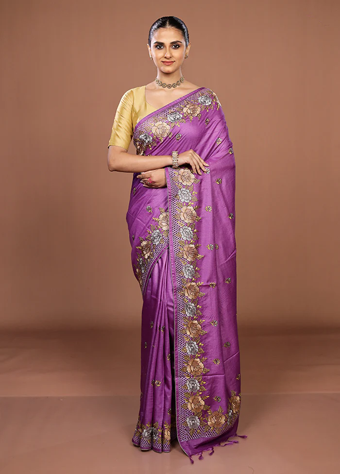 Purple Handloom Tussar Pure Silk Saree With Blouse Piece - Image 2