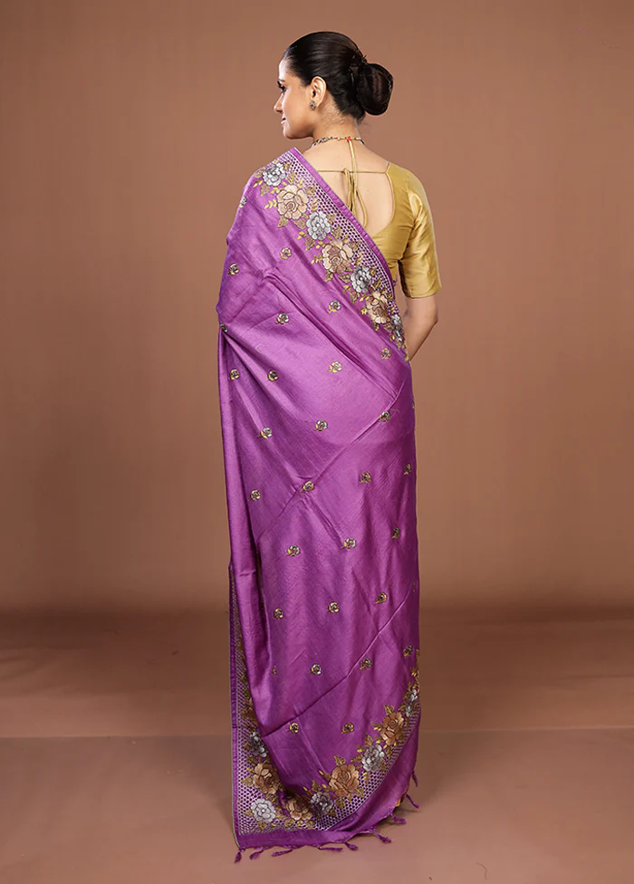 Purple Handloom Tussar Pure Silk Saree With Blouse Piece - Image 3