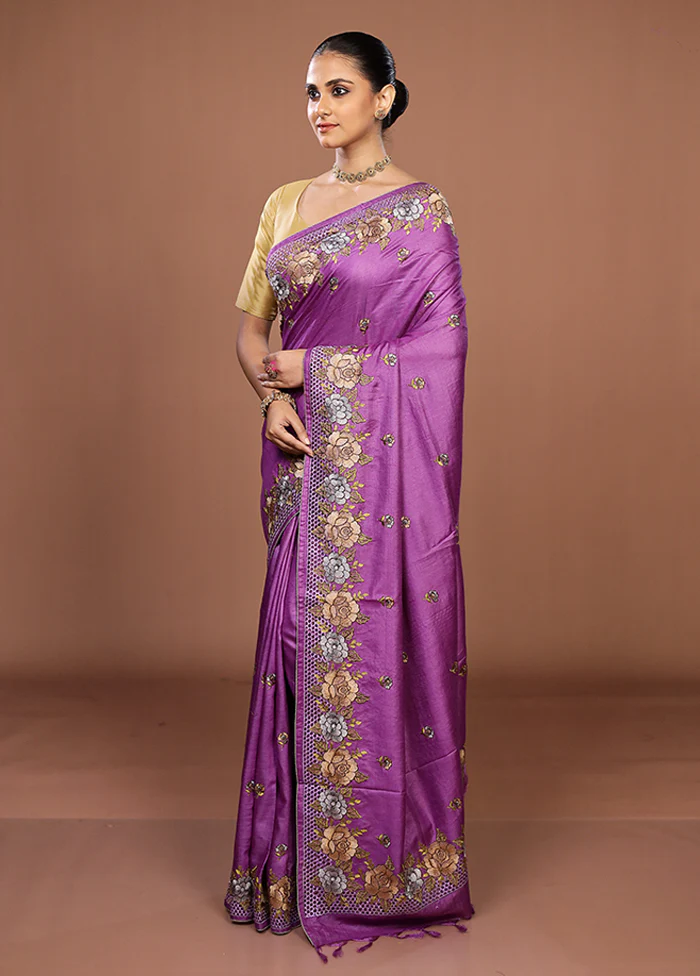 Purple Handloom Tussar Pure Silk Saree With Blouse Piece - Image 4