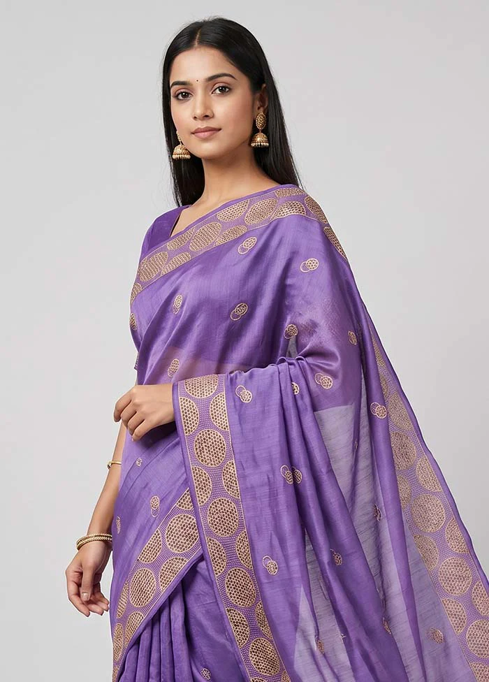 Purple Handloom Tussar Pure Silk Saree With Blouse Piece - Image 2