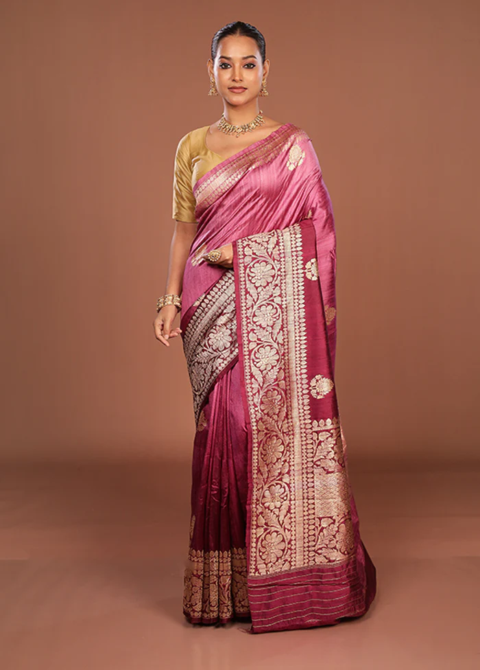 Purple Handloom Tussar Pure Silk Saree With Blouse Piece - Image 2