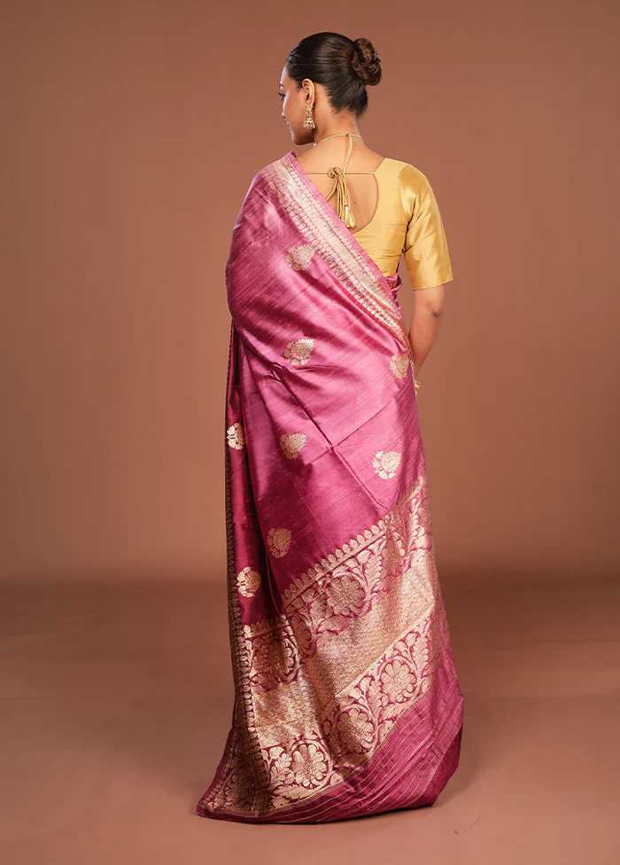 Purple Handloom Tussar Pure Silk Saree With Blouse Piece - Image 3