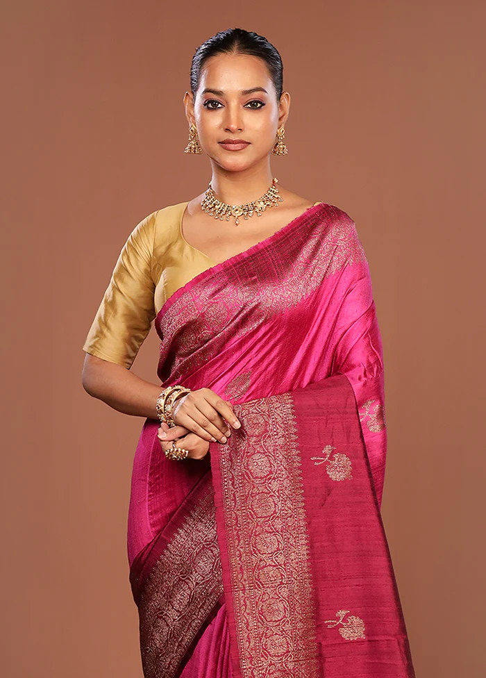 Purple Handloom Tussar Pure Silk Saree With Blouse Piece