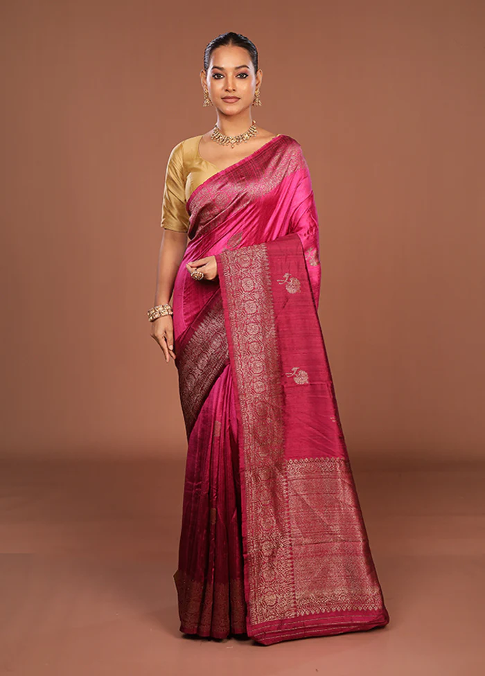 Purple Handloom Tussar Pure Silk Saree With Blouse Piece - Image 2
