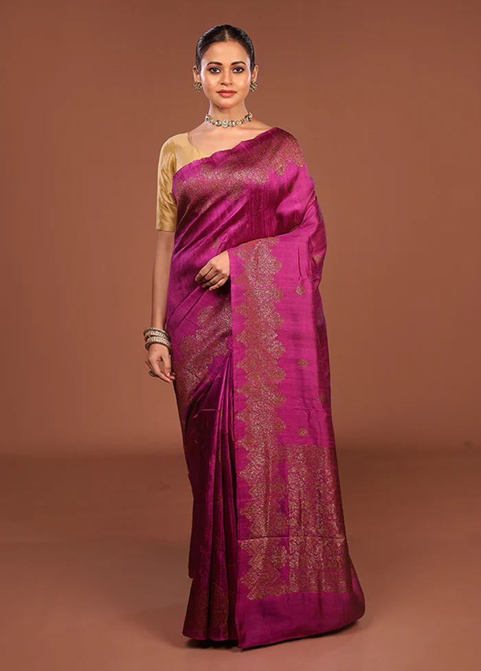 Purple Handloom Tussar Pure Silk Saree With Blouse Piece - Image 2