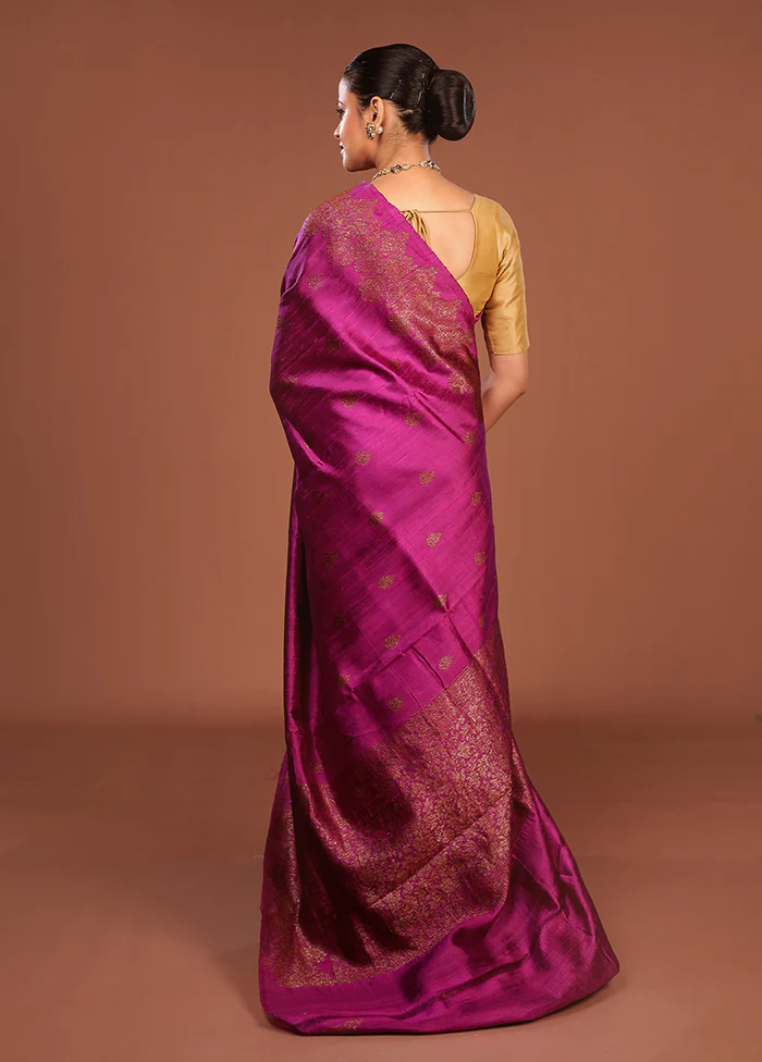 Purple Handloom Tussar Pure Silk Saree With Blouse Piece - Image 3