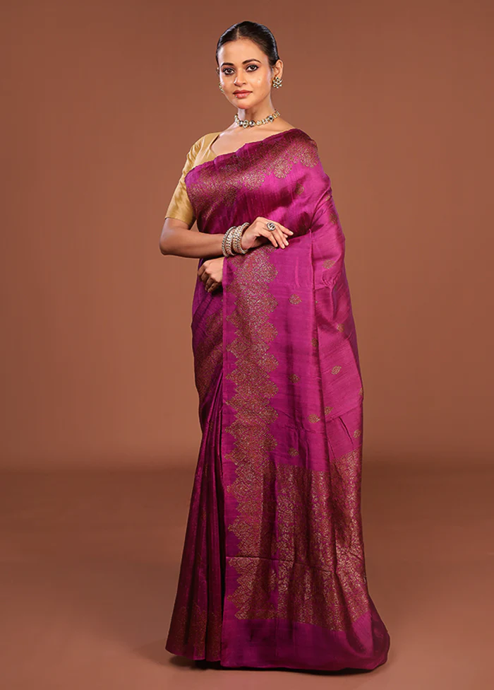 Purple Handloom Tussar Pure Silk Saree With Blouse Piece - Image 4