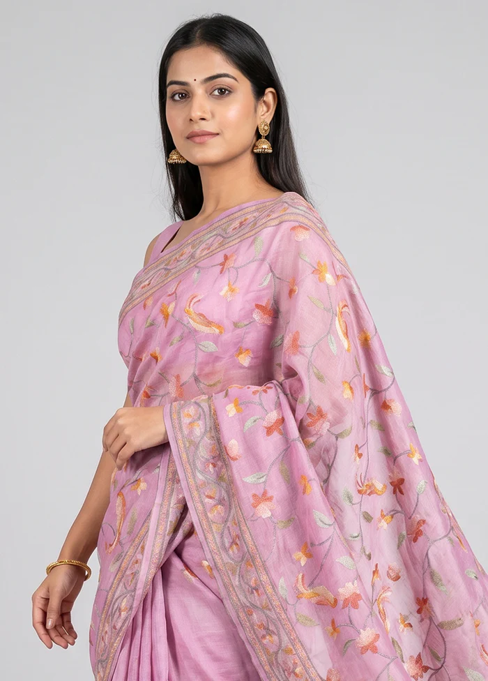 Purple Handloom Tussar Pure Silk Saree With Blouse Piece - Image 2