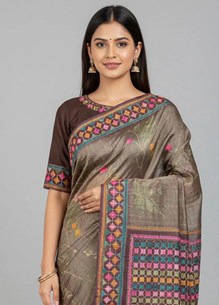 Purple Handloom Tussar Pure Silk Saree With Blouse Piece - Image 2
