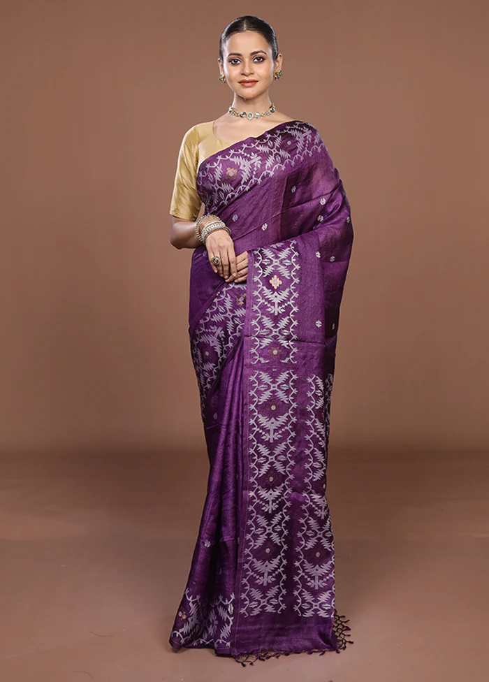 Purple Handloom Tussar Pure Silk Saree With Blouse Piece - Image 2