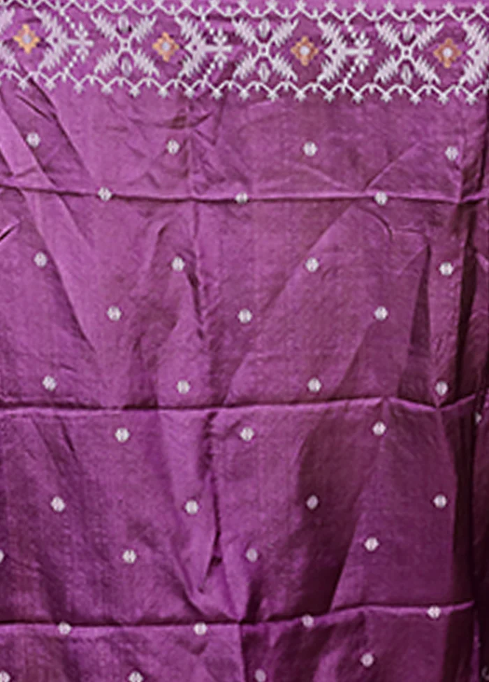 Purple Handloom Tussar Pure Silk Saree With Blouse Piece - Image 5
