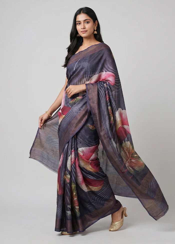 Purple Handloom Tussar Pure Silk Saree With Blouse Piece
