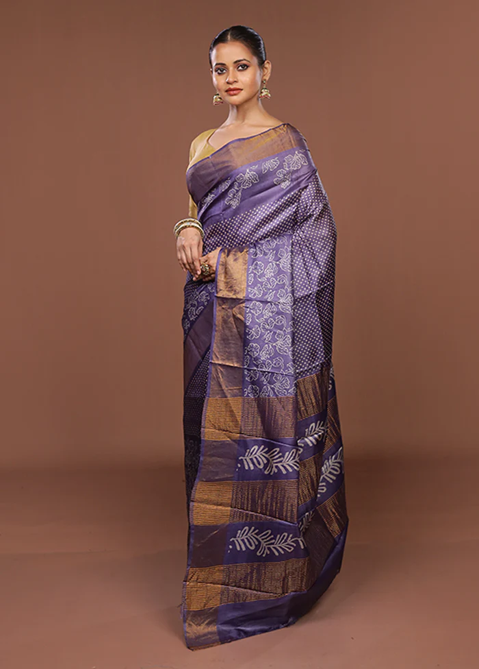 Purple Handloom Tussar Pure Silk Saree With Blouse Piece - Image 4