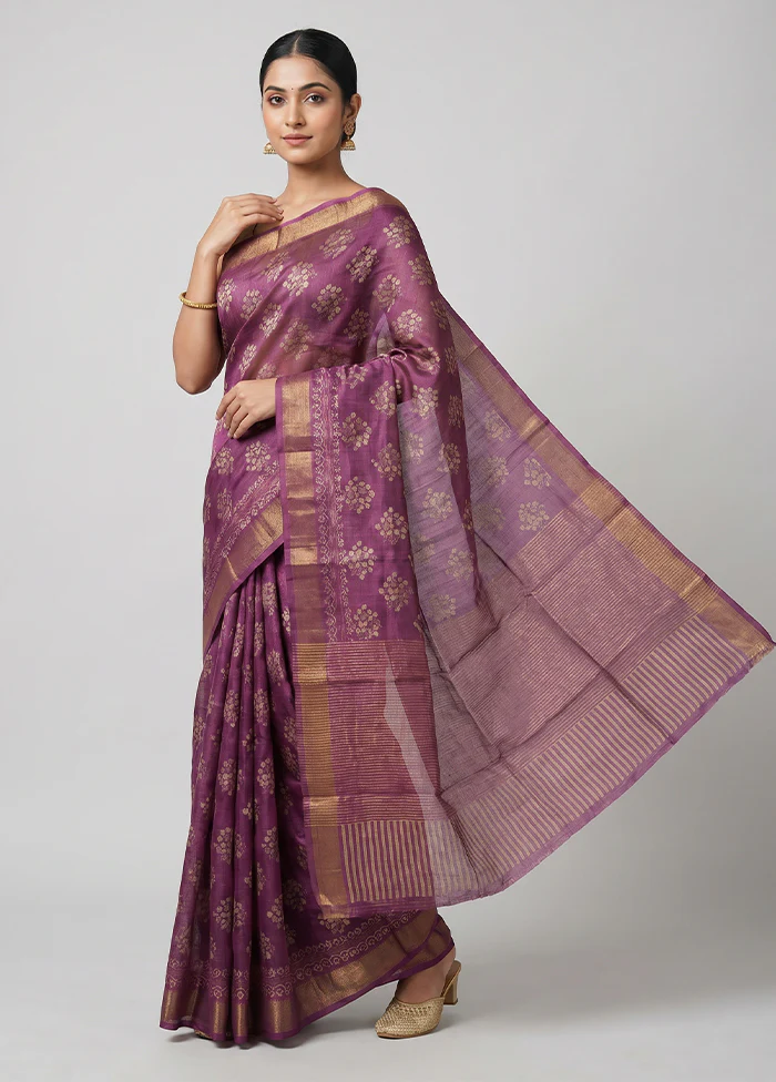 Purple Handloom Tussar Pure Silk Saree With Blouse Piece
