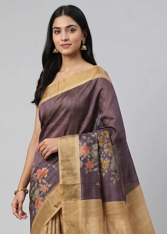 Purple Handloom Tussar Pure Silk Saree With Blouse Piece - Image 2