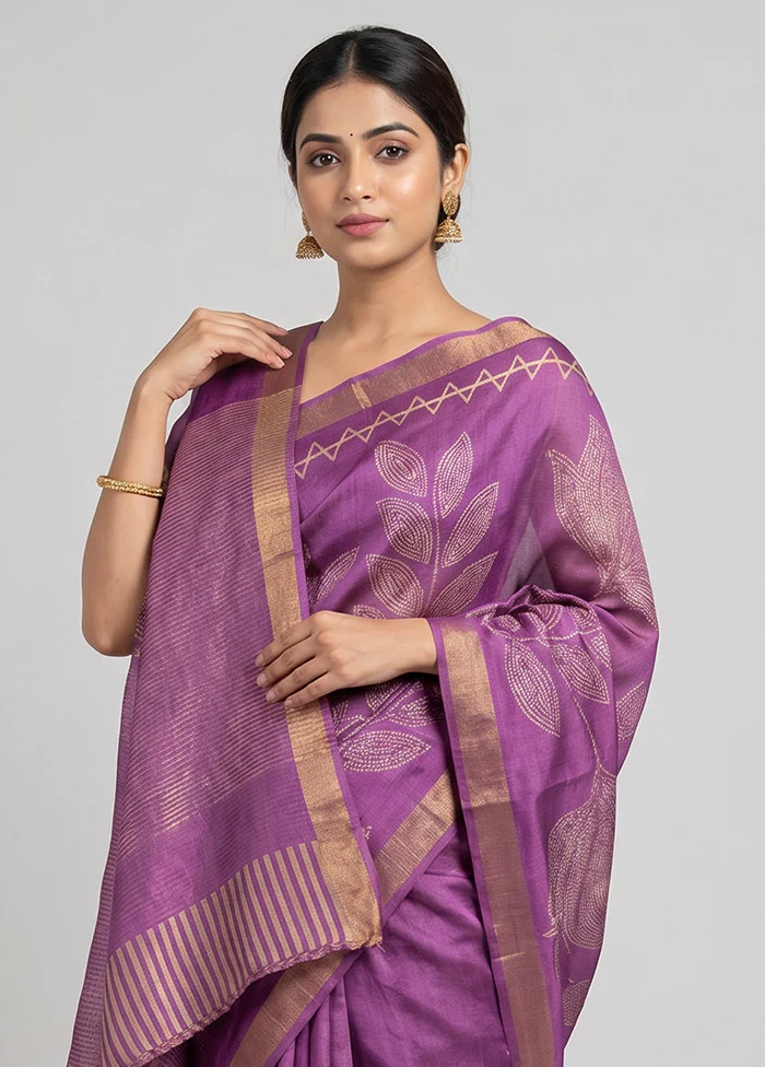 Purple Handloom Tussar Pure Silk Saree With Blouse Piece - Image 2