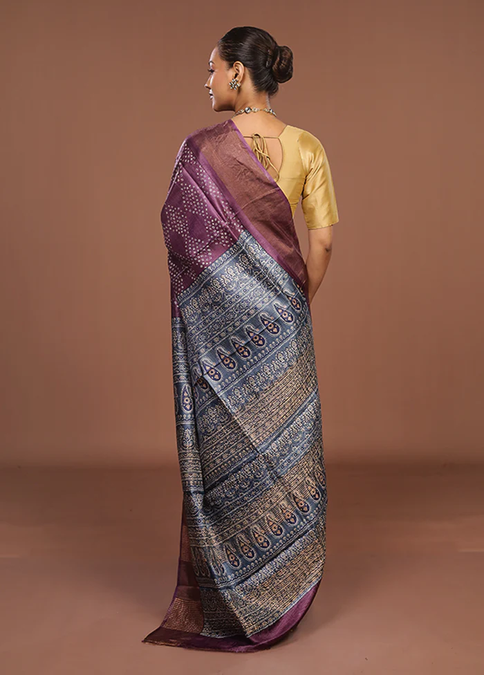 Purple Handloom Tussar Pure Silk Saree With Blouse Piece - Image 3