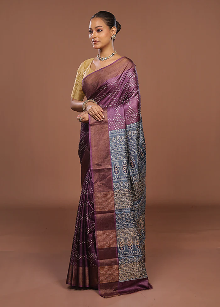 Purple Handloom Tussar Pure Silk Saree With Blouse Piece - Image 4