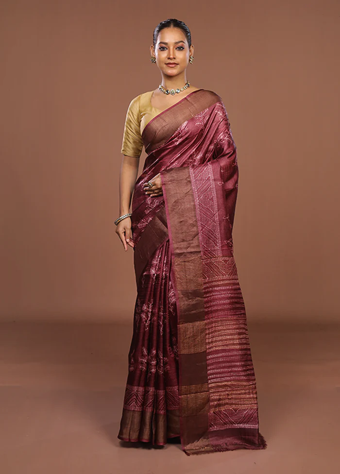 Maroon Handloom Tussar Pure Silk Saree With Blouse Piece - Image 2