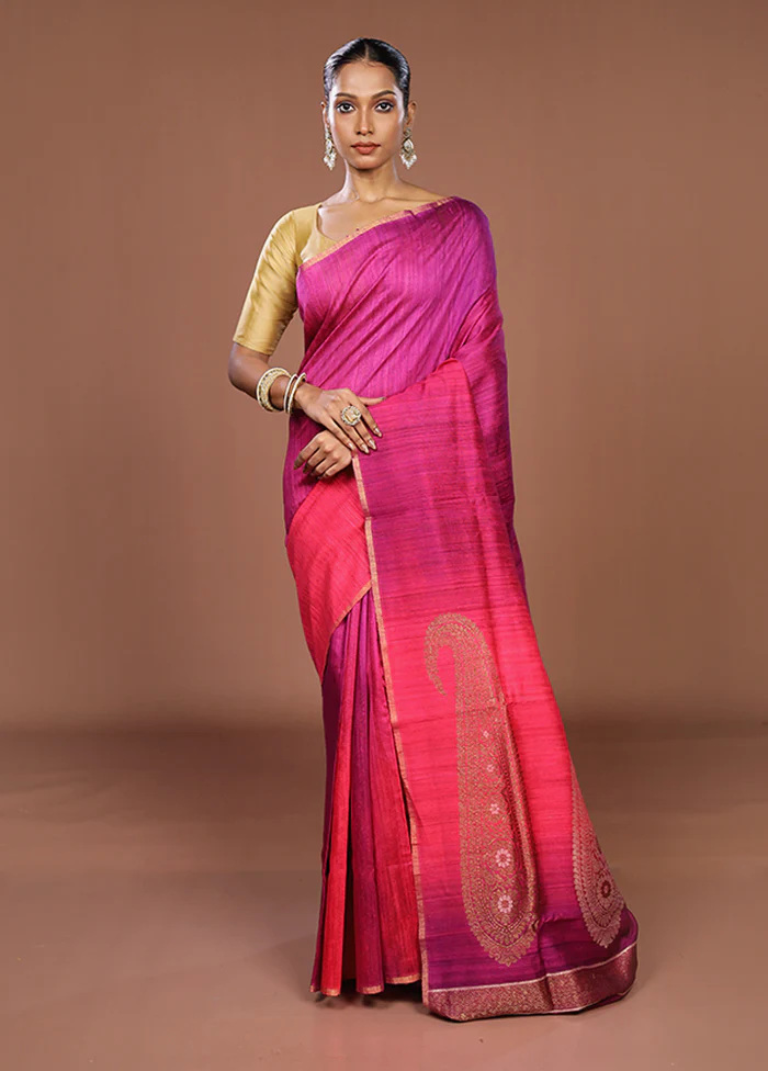Purple Handloom Tussar Pure Silk Saree With Blouse Piece - Image 2