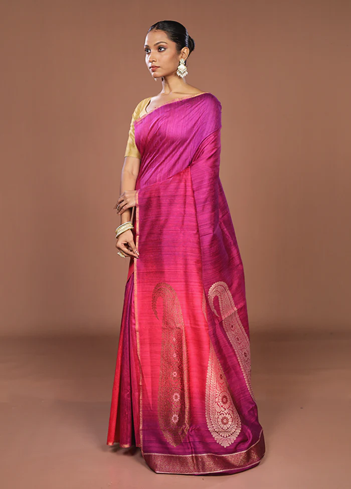 Purple Handloom Tussar Pure Silk Saree With Blouse Piece - Image 4