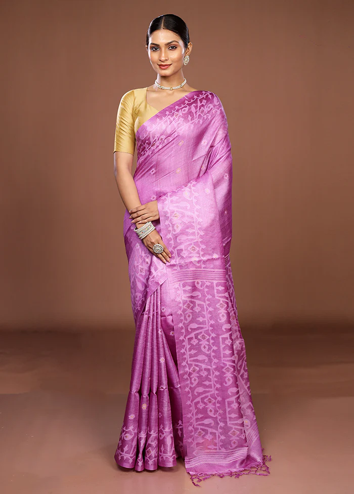Purple Handloom Tussar Pure Silk Saree With Blouse Piece - Image 2