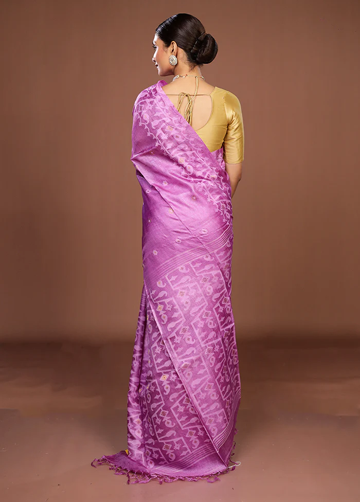 Purple Handloom Tussar Pure Silk Saree With Blouse Piece - Image 3