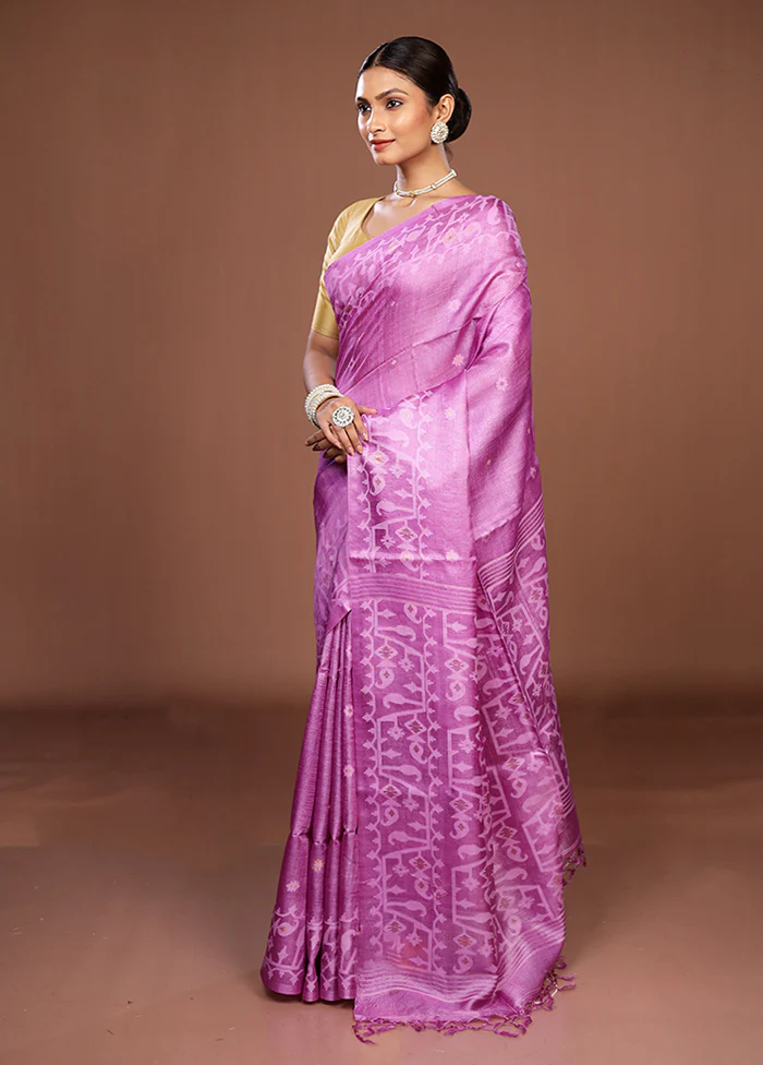 Purple Handloom Tussar Pure Silk Saree With Blouse Piece - Image 4