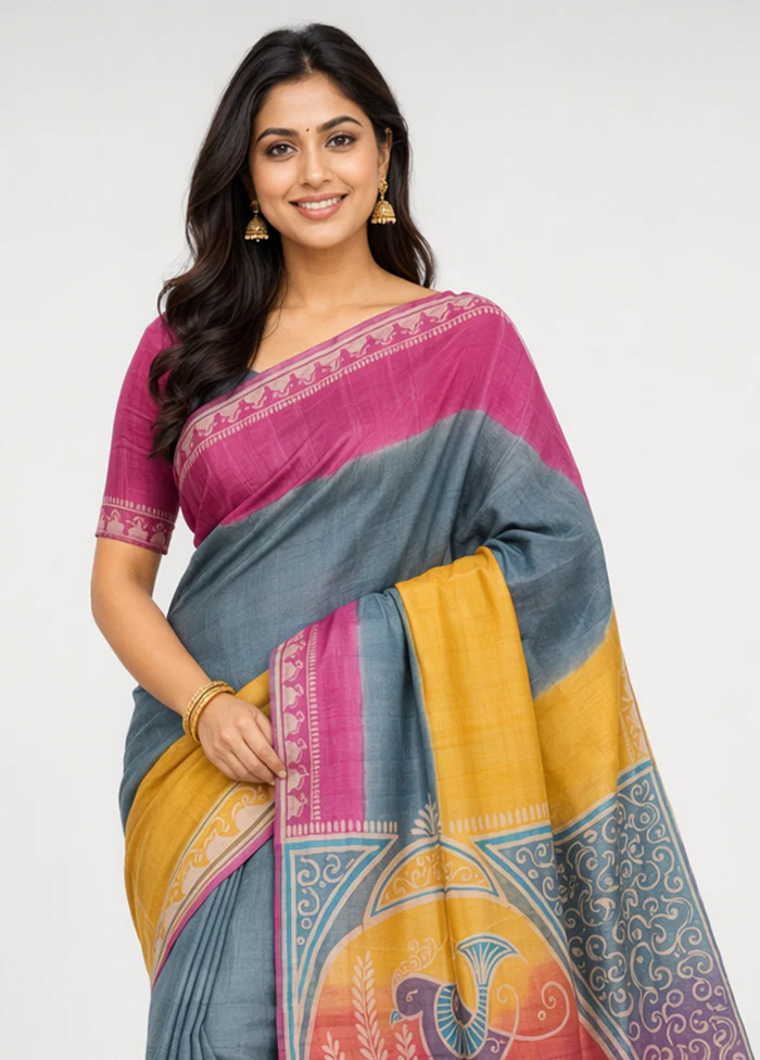 Purple Handloom Tussar Pure Silk Saree With Blouse Piece - Image 2