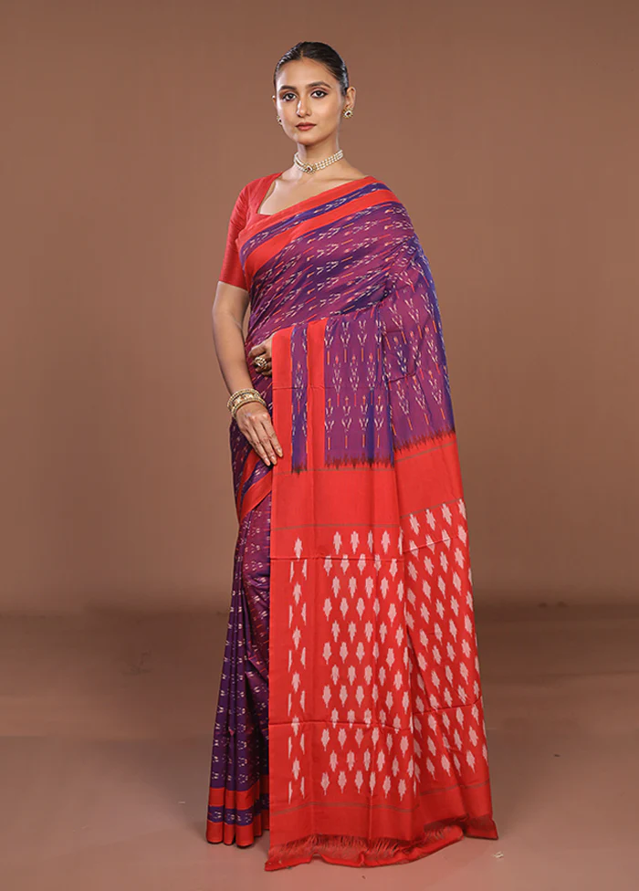 Purple Ikkat Silk Saree With Blouse Piece - Image 4