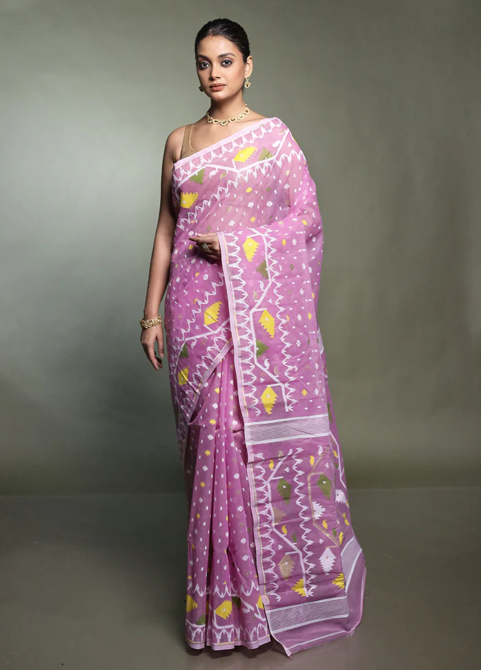 Purple Tant Jamdani Saree Without Blouse Piece - Image 2