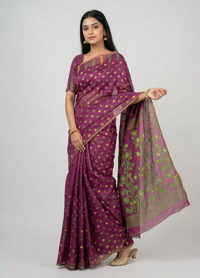 Purple Jamdani Cotton Saree Without Blouse Piece