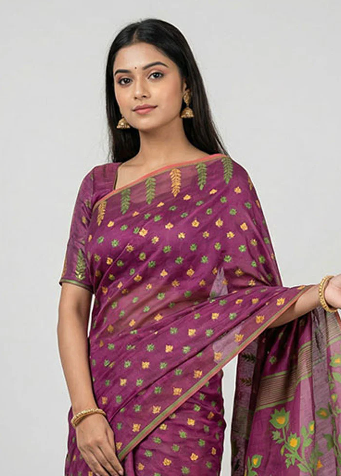 Purple Jamdani Cotton Saree Without Blouse Piece - Image 2