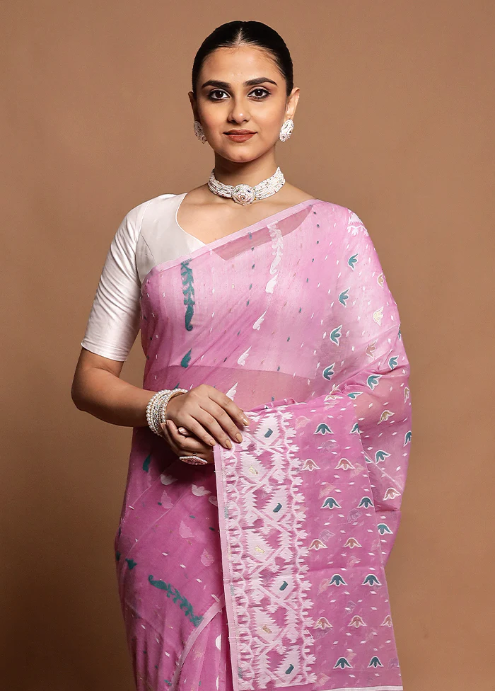 Purple Tant Jamdani Saree Without Blouse Piece - Image 2