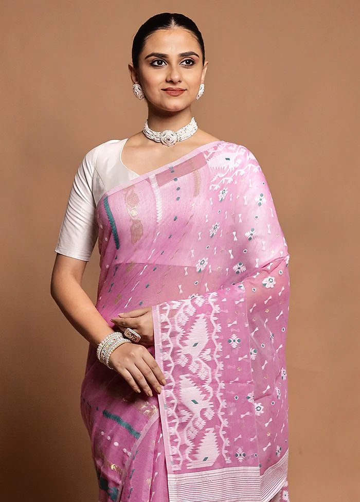 Purple Tant Jamdani Saree Without Blouse Piece - Image 2