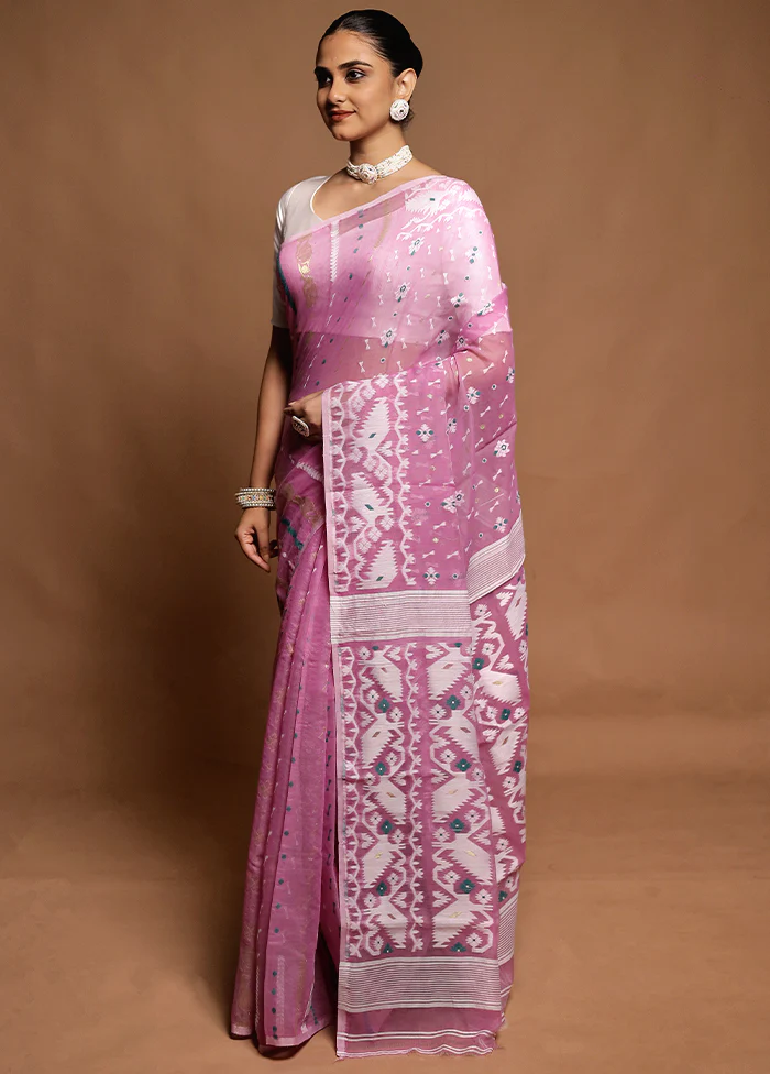 Purple Tant Jamdani Saree Without Blouse Piece - Image 4