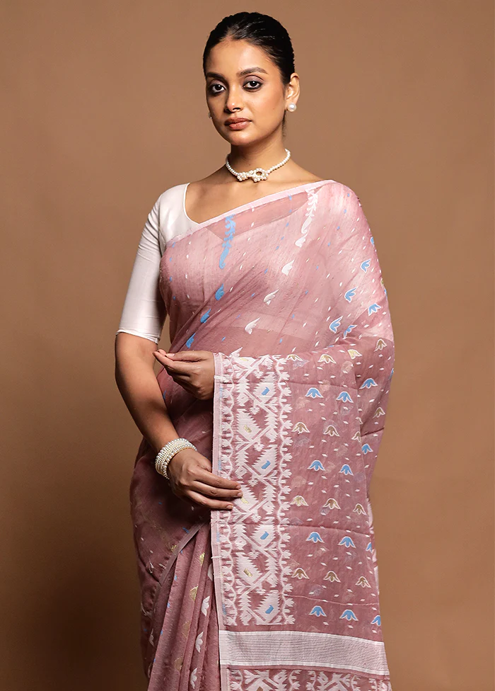 Purple Tant Jamdani Saree Without Blouse Piece - Image 2