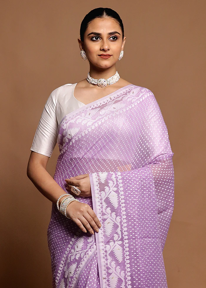 Purple Tant Jamdani Saree Without Blouse Piece - Image 2