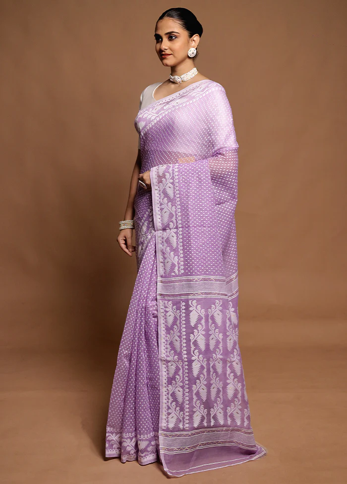 Purple Tant Jamdani Saree Without Blouse Piece - Image 4