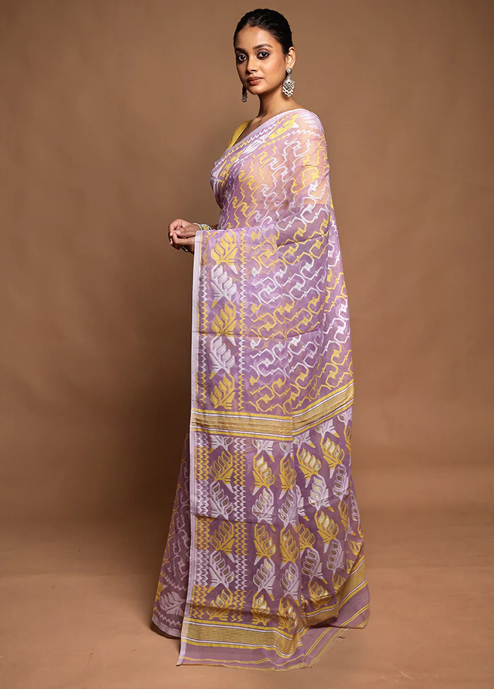 Purple Tant Jamdani Saree Without Blouse Piece - Image 4