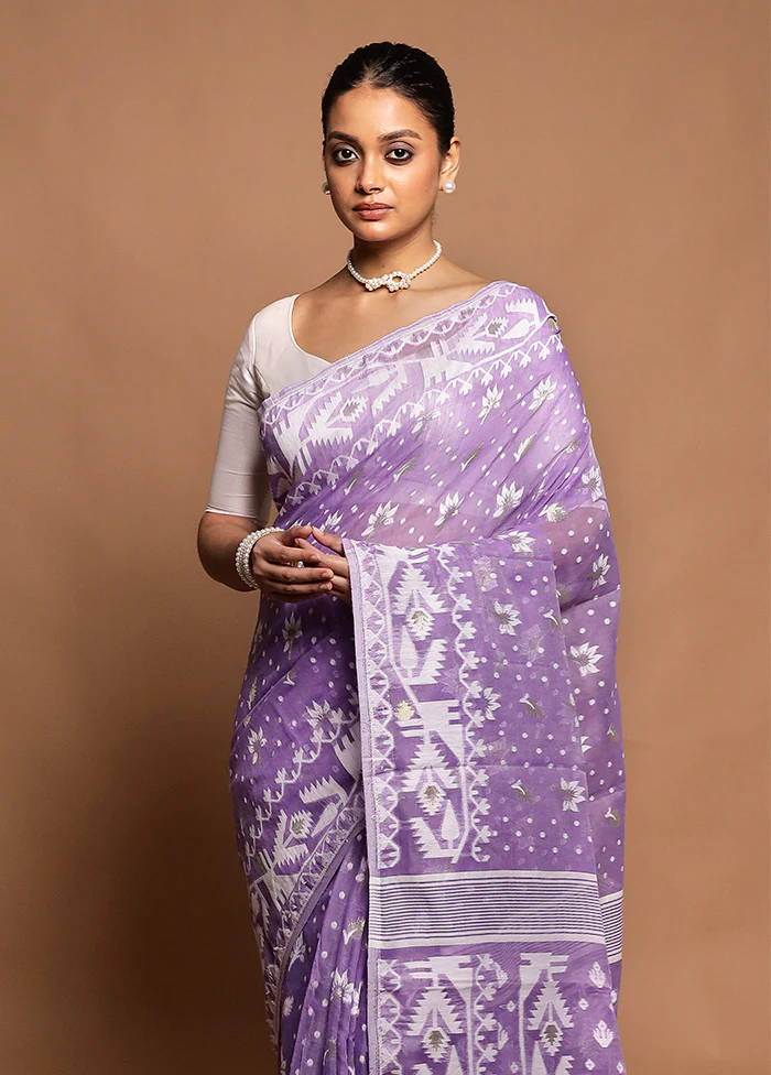 Purple Tant Jamdani Saree Without Blouse Piece - Image 2