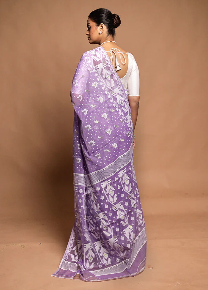 Purple Tant Jamdani Saree Without Blouse Piece - Image 3