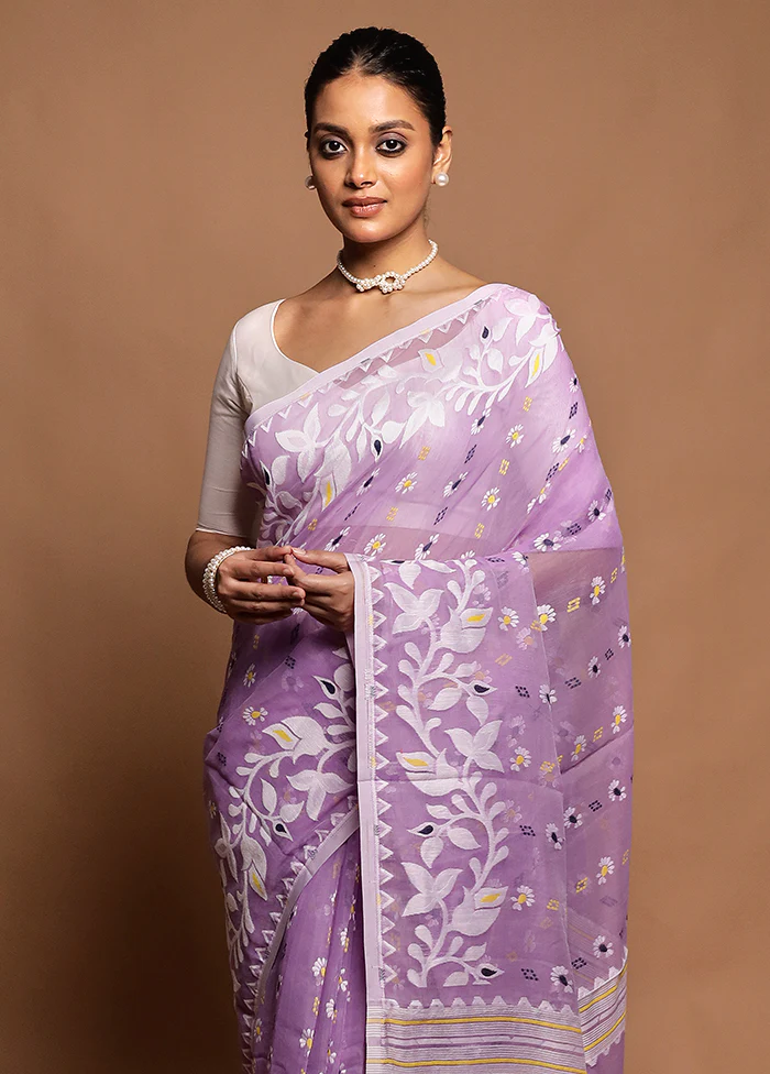 Purple Tant Jamdani Saree Without Blouse Piece - Image 2