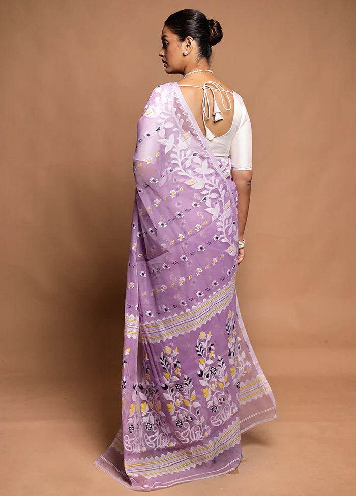 Purple Tant Jamdani Saree Without Blouse Piece - Image 3