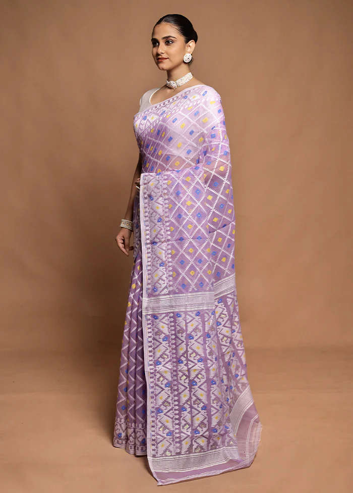Purple Tant Jamdani Saree Without Blouse Piece - Image 4