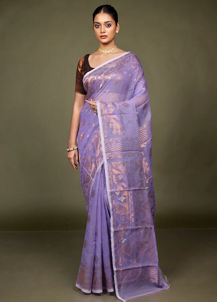 Purple Tant Jamdani Saree Without Blouse Piece